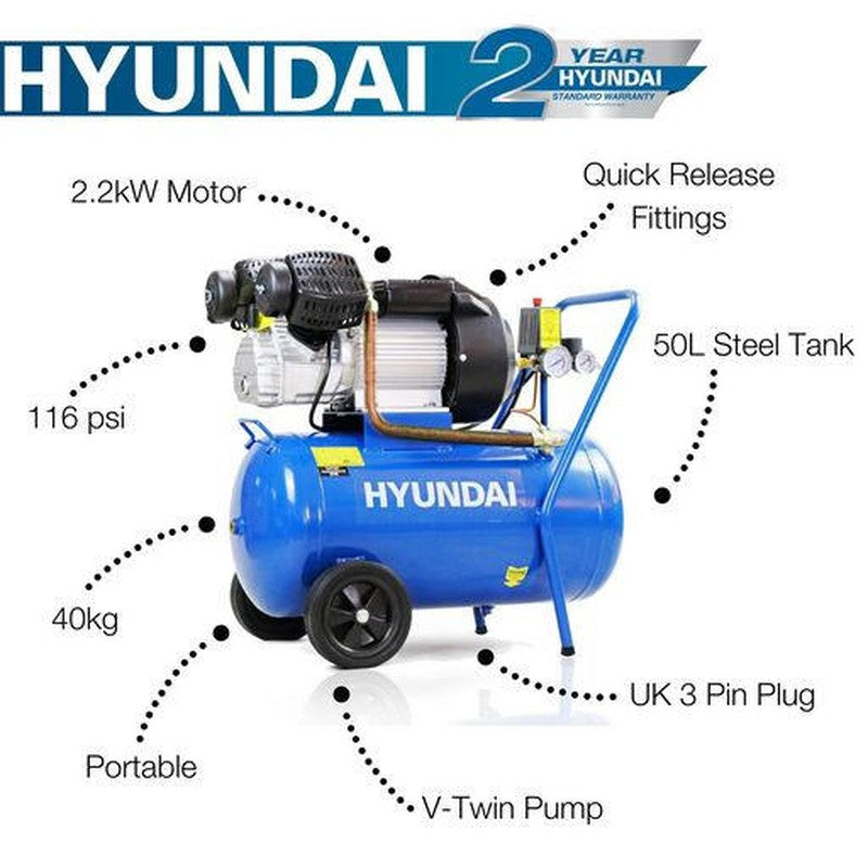 Hyundai HY3050V Electric Air Compressor Direct Drive V-Twin / 3hp / 50L / 14CFM / 116psi