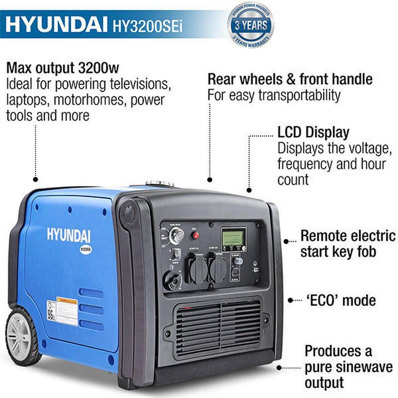 Hyundai HY3200SEi Petrol Inverter Generator Portable With Wheel Kit Pure Sine Wave / 3200W / 3.2 kW
