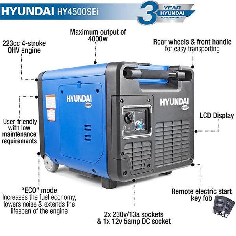 Hyundai HY4500SEI Portable Petrol Inverter Generator With Wheel Kit Silent Pure Sine Wave / 4000W / 4.0kW