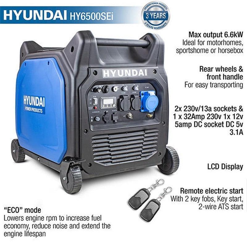 Hyundai HY6500SEi Petrol Inverter Generator Portable With Wheels Pure Sine Wave / 6600W / 6.6kW / DC & USB