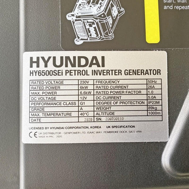 Hyundai HY6500SEi Petrol Inverter Generator Portable With Wheels Pure Sine Wave / 6600W / 6.6kW / DC & USB
