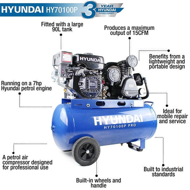 Hyundai HY70100P Heavy Duty Petrol Air Compressor Belt Drive / 7hp / 90L / 10.7CFM / 145psi