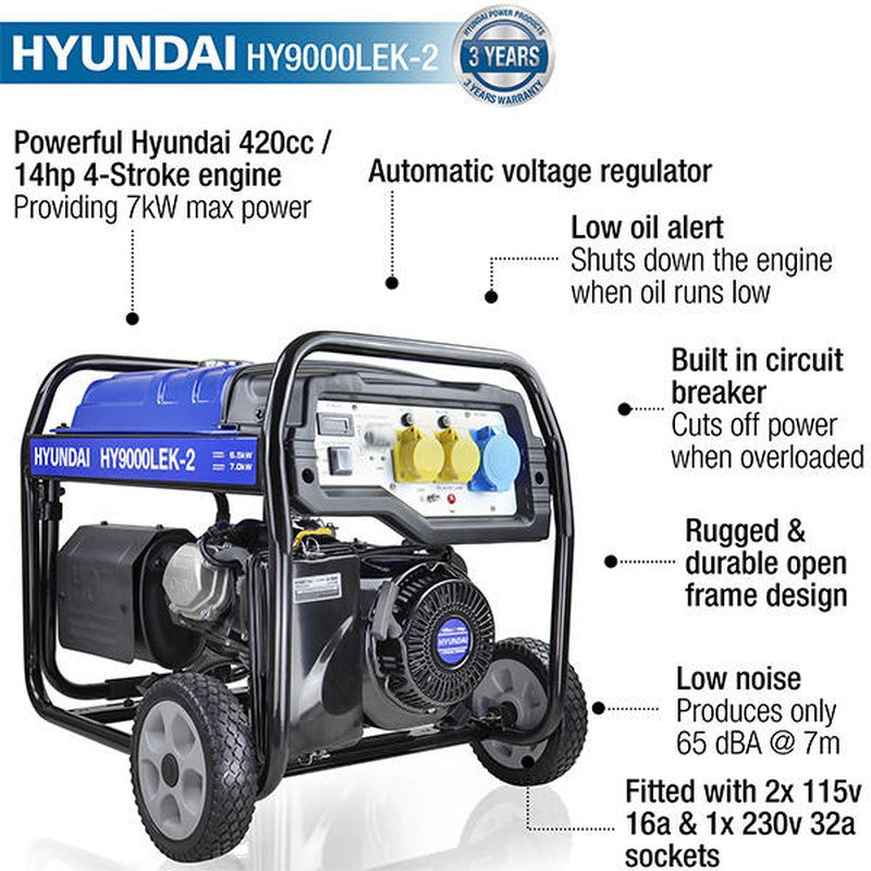 Hyundai HY9000LEk-2 Petrol Open Frame Site Generator Portable With Wheel Kit / 7kW / 8.75kVA