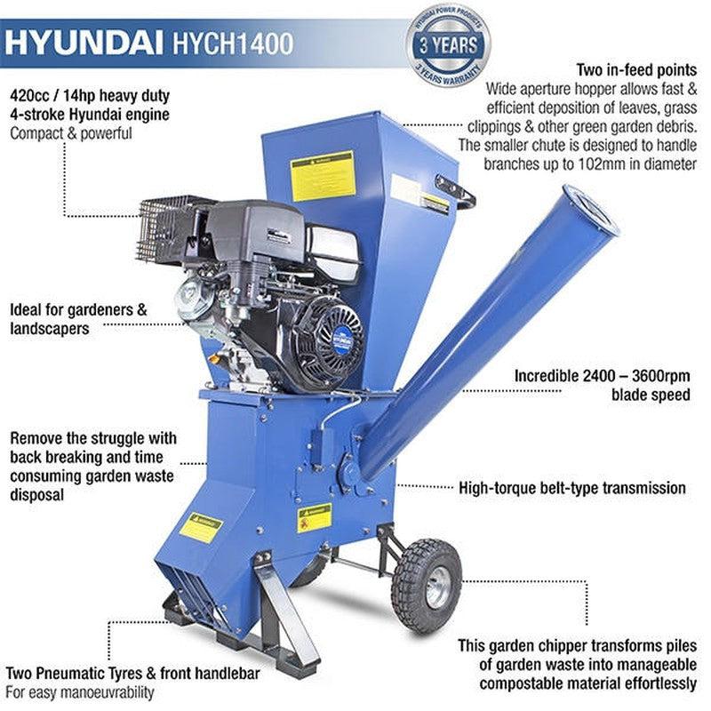 Hyundai HYCH1400 Petrol Garden Wood Chipper Shredder Mulcher / 420cc / 102mm