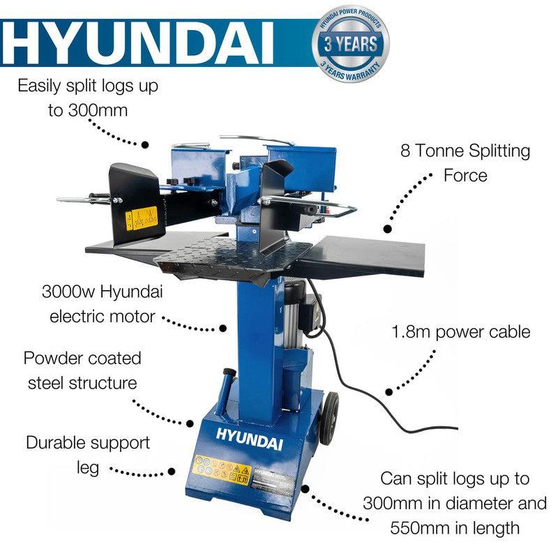 Hyundai HYLS8000VE Electric Log Splitter Vertical with Hydraulic Ram / 8 Tonne / 550mm Length
