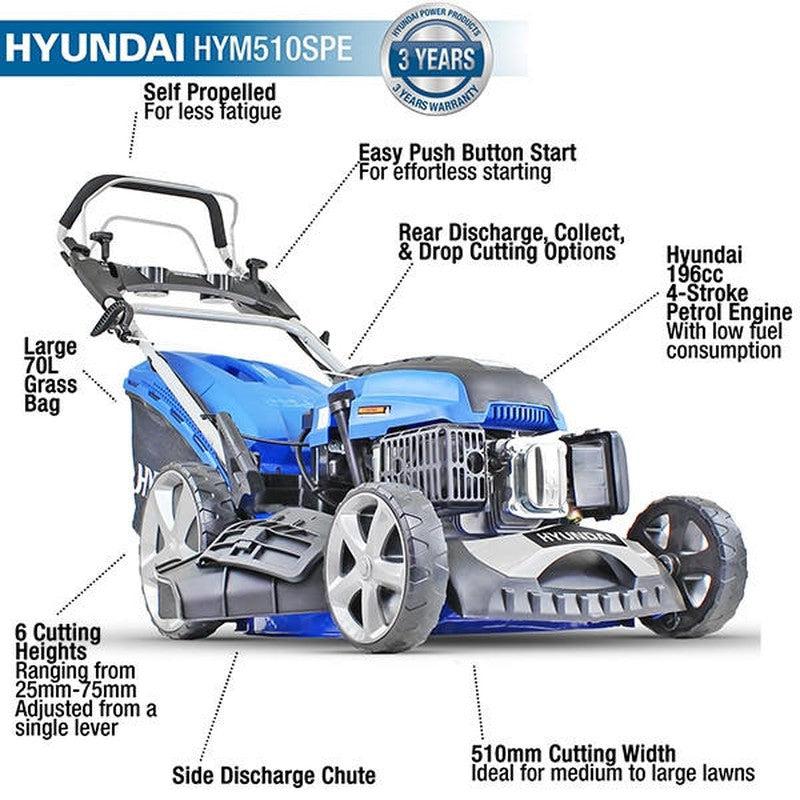 Hyundai HYM510SPE Petrol Lawn Mower Mulcher Self Propelled Electric Start / 20" / 51cm / 196cc