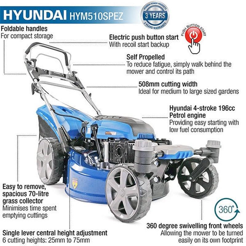 Hyundai HYM510SPEZ Petrol Lawn Mower Mulcher Self Propelled Electric Start / 20" / 51cm / 196cc / 70L