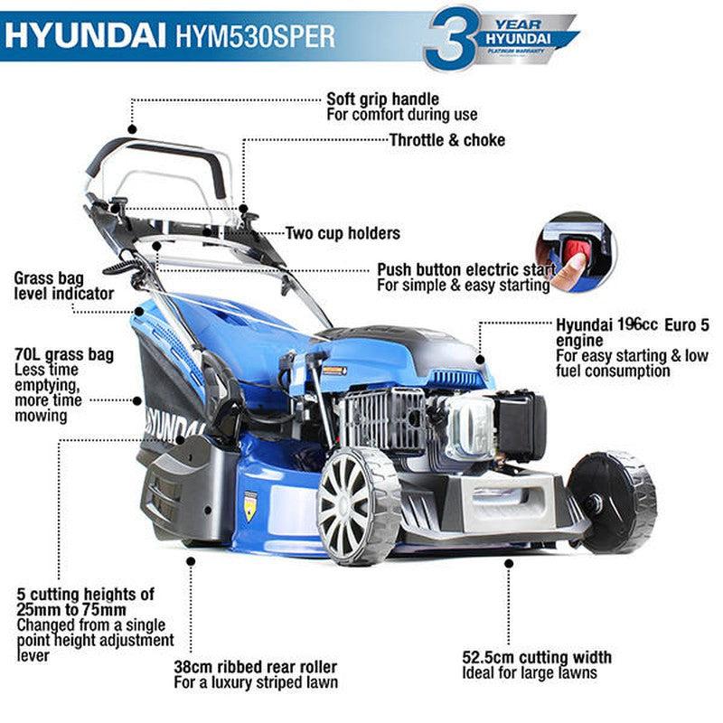 Hyundai HYM530SPER Petrol Roller Lawn Mower Self Propelled Electric Start / 21" / 53cm / 196cc / 70L