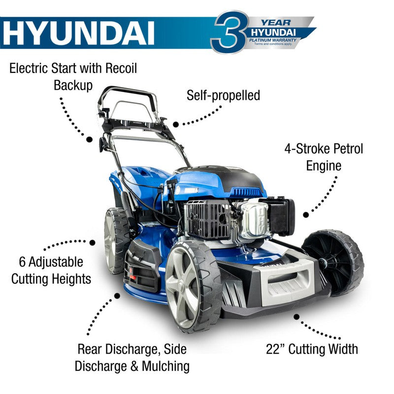 Hyundai HYM560SPE Petrol Lawn Mower Mulcher Electric Start Self Propelled / 22'' / 56cm / 196cc