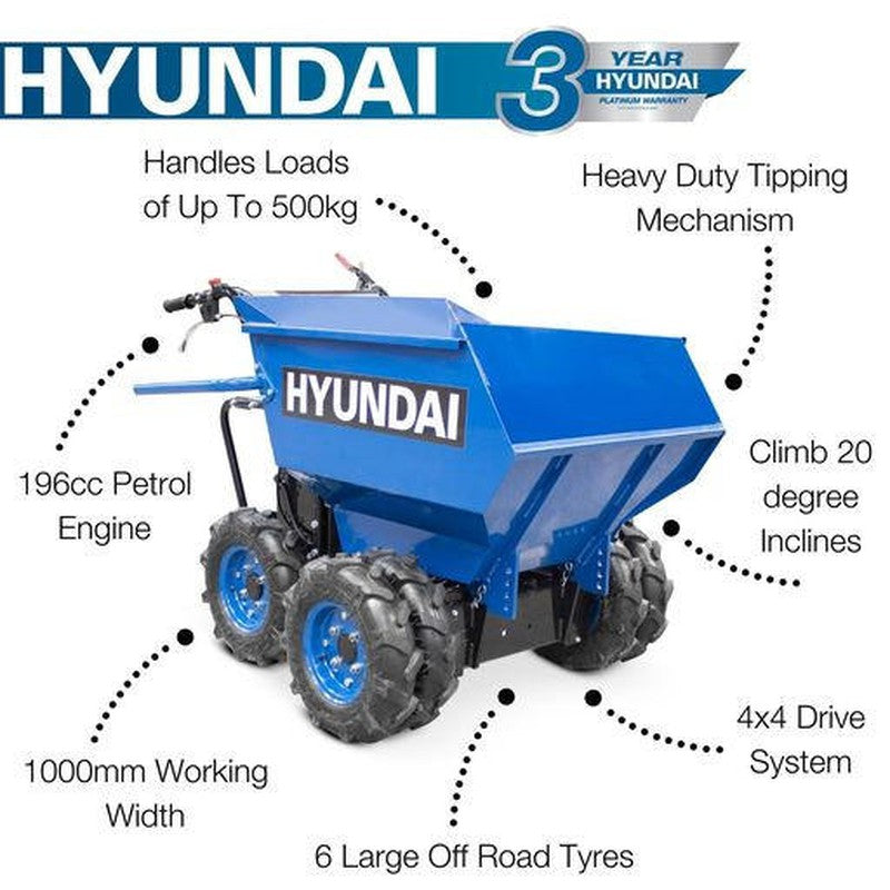 Hyundai HYMD500 Petrol Mini Dumper Power Barrow / 500kg / 196cc 4x4 Drive