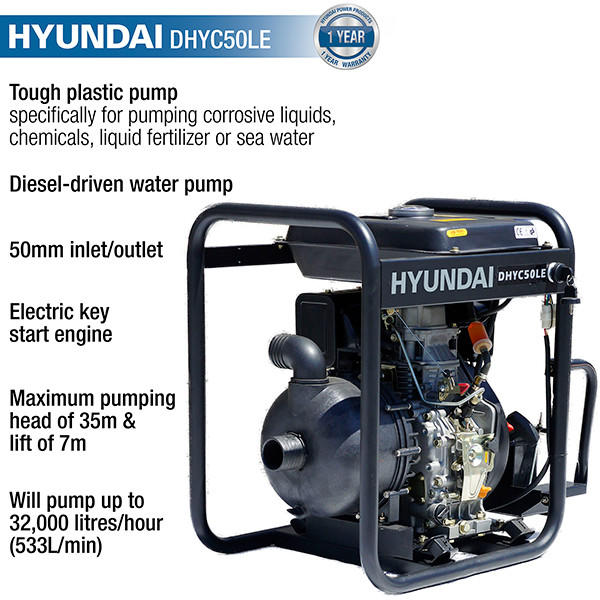 Hyundai DHYC50LE Diesel Water Pump / 50mm 2" / Chemical Water Pump / 35m Total Head / 7m Lift / 533L/min Flow Rate / 6hp / 296cc