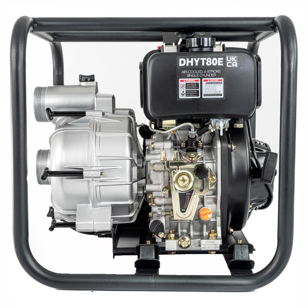 Hyundai DHYT80E Diesel Water Pump / 80mm 3" / Electric Start / Open Frame / Trash Water Pump / 25m Total Head / 6m Lift / 880min Flow Rate / 6hp / 296cc