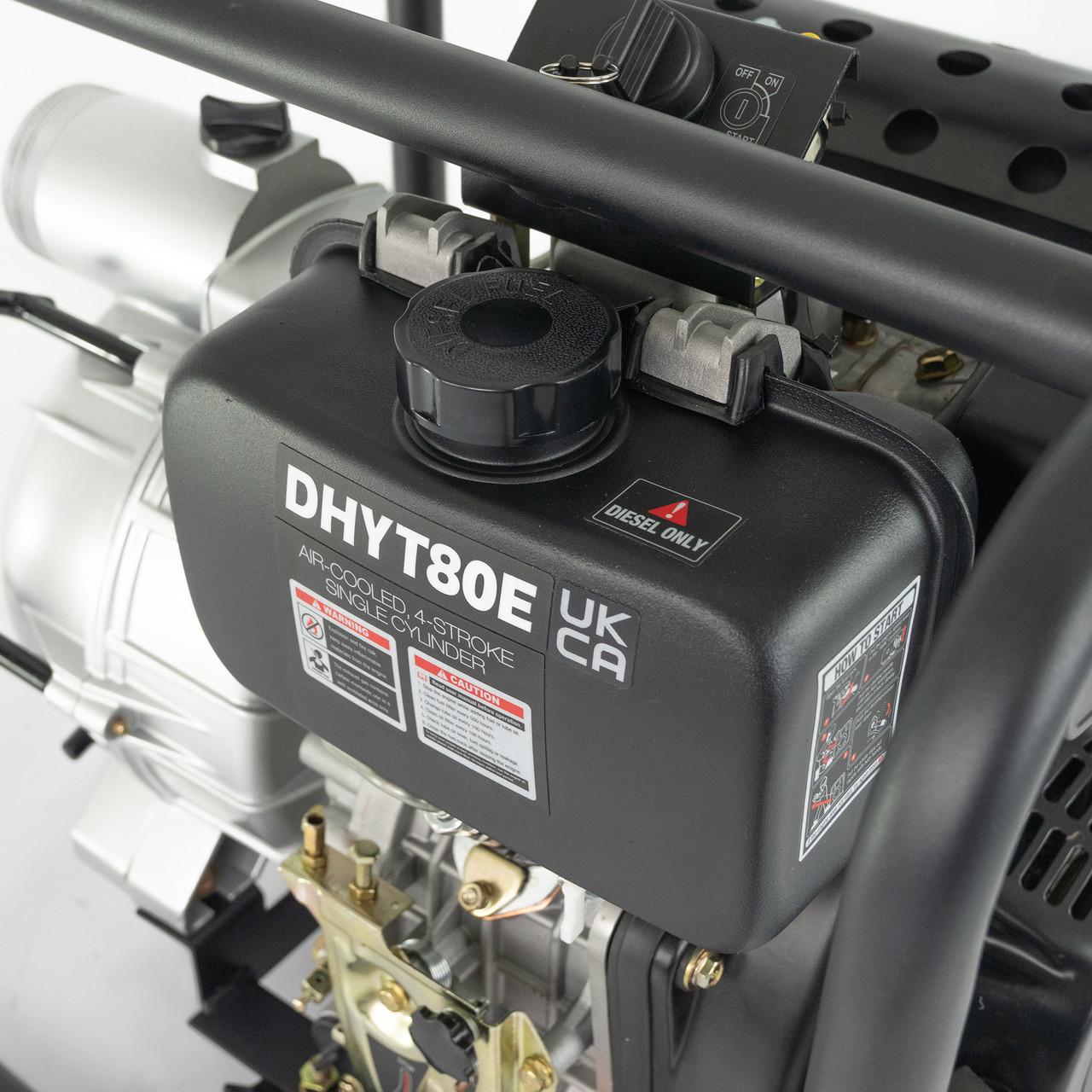 Hyundai DHYT80E Diesel Water Pump / 80mm 3" / Electric Start / Open Frame / Trash Water Pump / 25m Total Head / 6m Lift / 880min Flow Rate / 6hp / 296cc