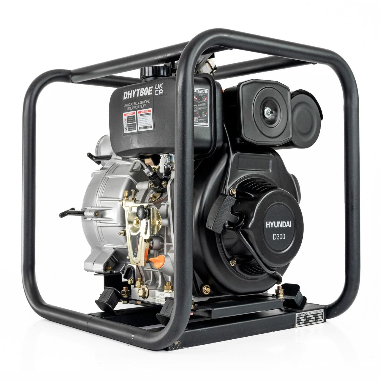 Hyundai DHYT80E Diesel Water Pump / 80mm 3" / Electric Start / Open Frame / Trash Water Pump / 25m Total Head / 6m Lift / 880min Flow Rate / 6hp / 296cc