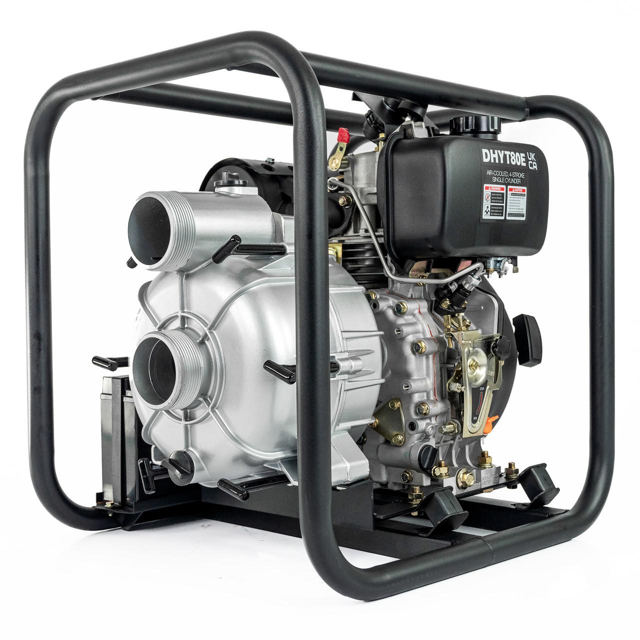 Hyundai DHYT80E Diesel Water Pump / 80mm 3" / Electric Start / Open Frame / Trash Water Pump / 25m Total Head / 6m Lift / 880min Flow Rate / 6hp / 296cc