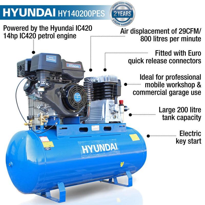 Hyundai HY140200PES Petrol Belt Driven Air Compressor / 29CFM / 145psi / 14hp / 200L