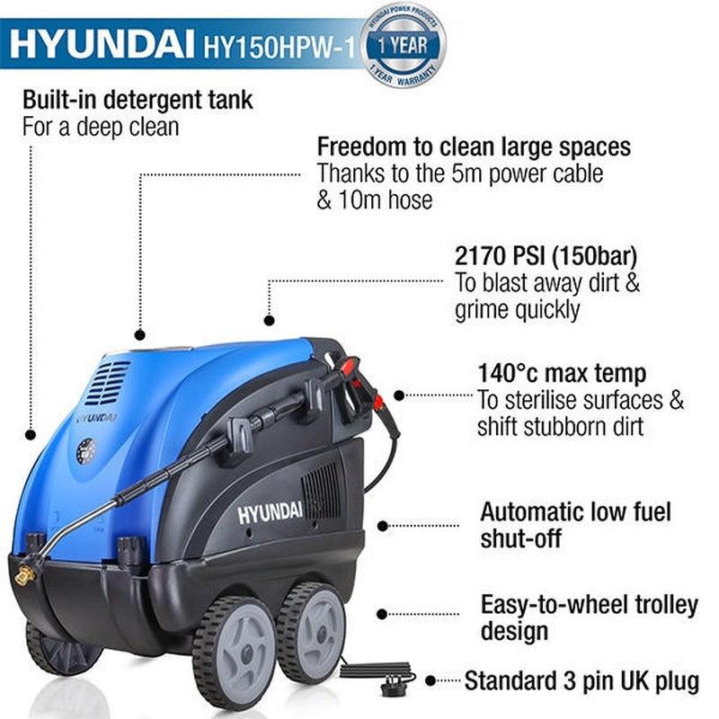 Hyundai HY150HPW-1 Hot Pressure Washer Power Jet Washer / 2170PSI / 150bar / 140°C / 2.8kW