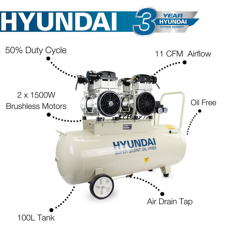 Hyundai HY2150100 Electric Air Compressor Silent Direct Drive Oil Free / 4hp / 100L / 10.6CFM / 145psi