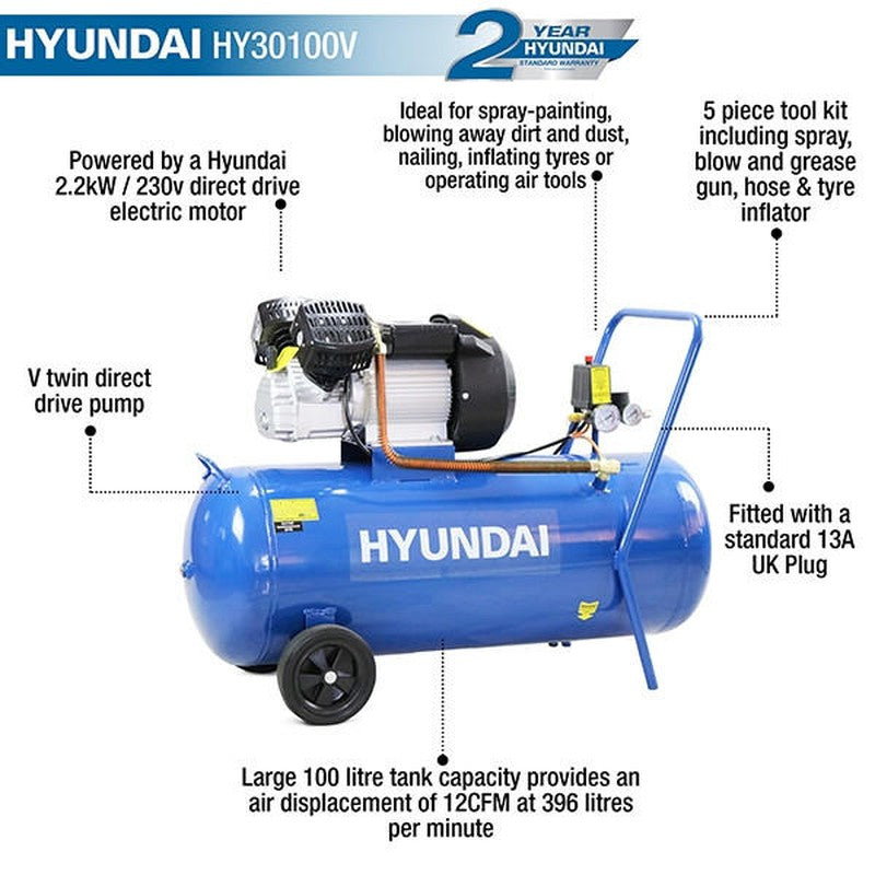 Hyundai HY30100V Portable Electric Air Compressor Direct Drive V-Twin / 3hp / 100L / 14CFM / 116psi