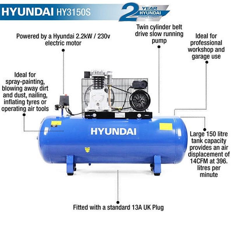 Hyundai HY3150S Belt Drive Air Compressor Twin Cylinder Silent / 3hp / 150L / 14CFM / 145psi