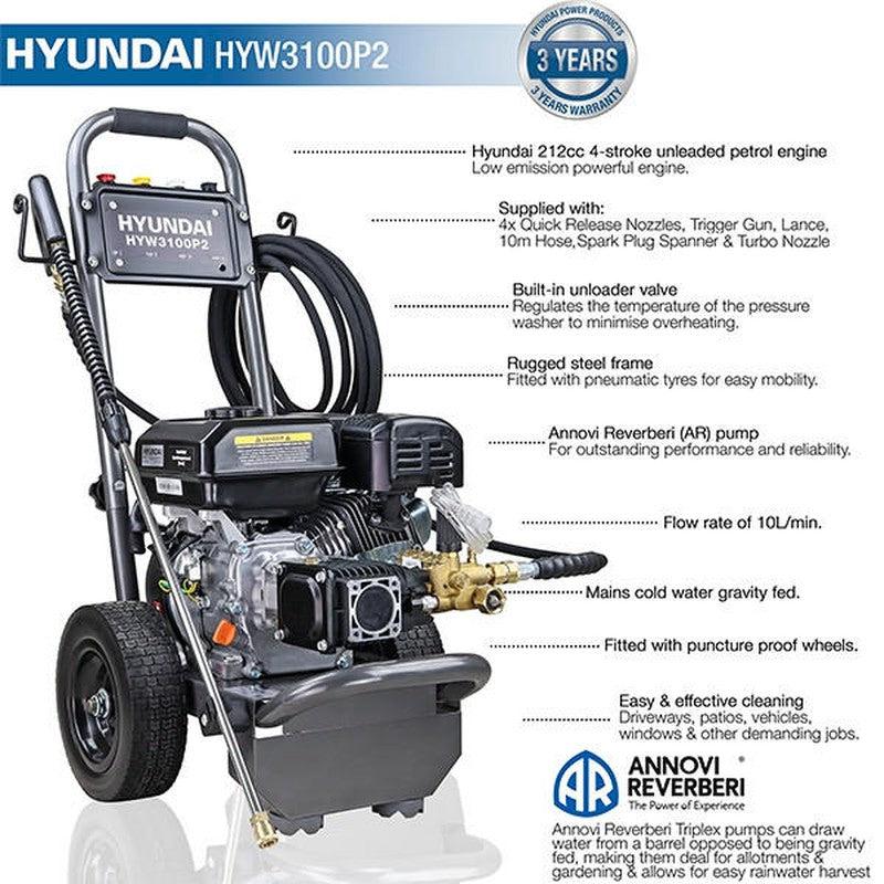 Hyundai HYW3100P2 Petrol Pressure Washer / 3100psi / 213bar / 10L/min / 212cc
