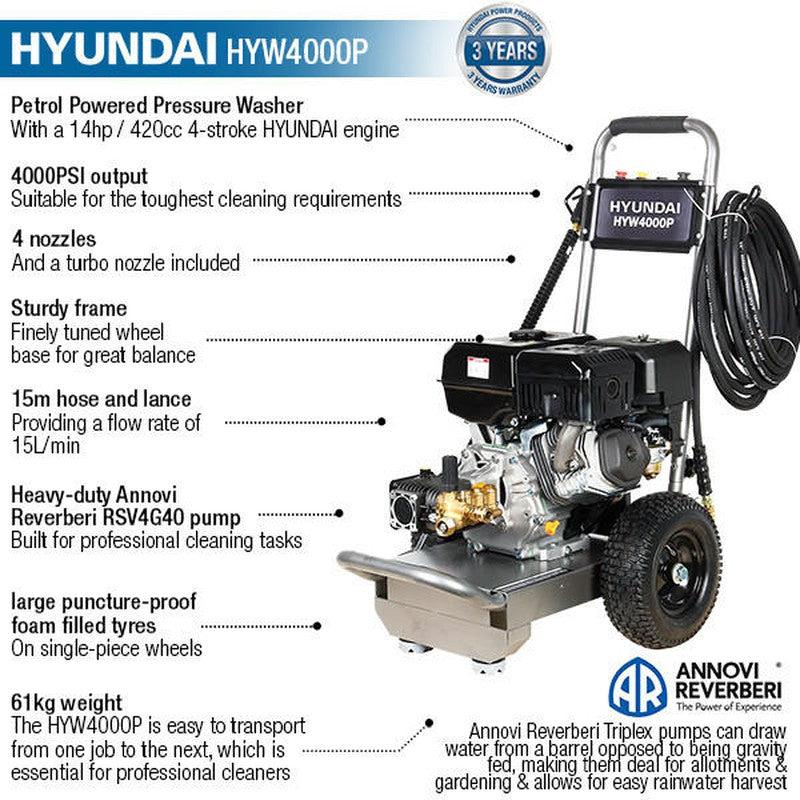 Hyundai HYW4000P+85.403.010 Petrol Pressure Washer With 24" Flat Surface Cleaner / 4000psi / 420cc / 15L/min