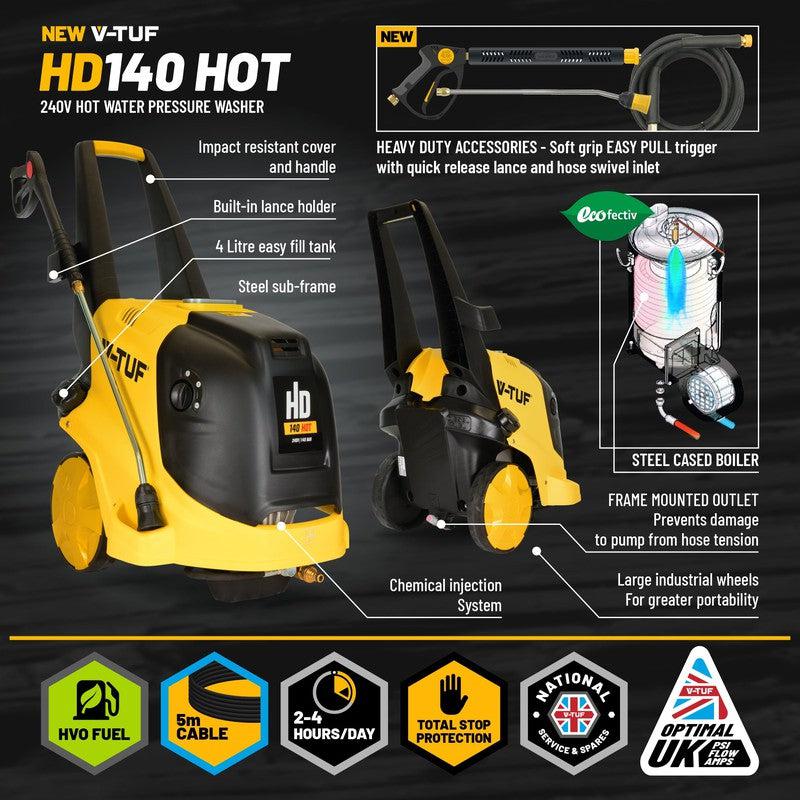 V-TUF HD140HOT Electric Hot Pressure Washer - Mobile 240v / 2000 PSI / 140 BAR / 480 LPH / 10M Hose