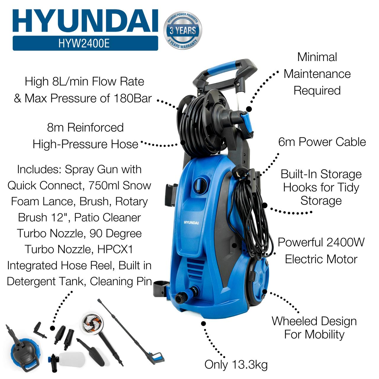 Hyundai HYW2400E Electric Pressure Washer / 2610psi / 180Bar / 2400W / High-Performance Jet Wash with Hose & Attachments