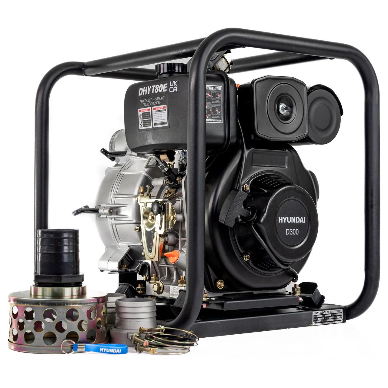 Hyundai DHYT80E Diesel Water Pump / 80mm 3" / Electric Start / Open Frame / Trash Water Pump / 25m Total Head / 6m Lift / 880min Flow Rate / 6hp / 296cc